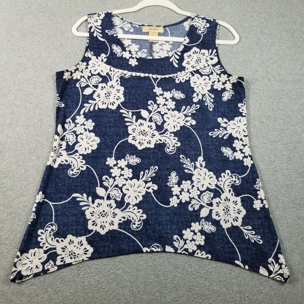 Diana Belle Tank Top Women Medium M Blue White Floral Sharkbite Hem Sleeveless